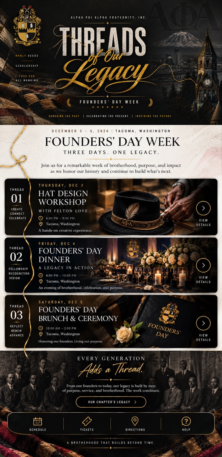Threads of Our Legacy — official Founders’ Day Week 2026 flyer followed by the three-day Founders’ Day schedule, chapter legacy, and guest quick actions.